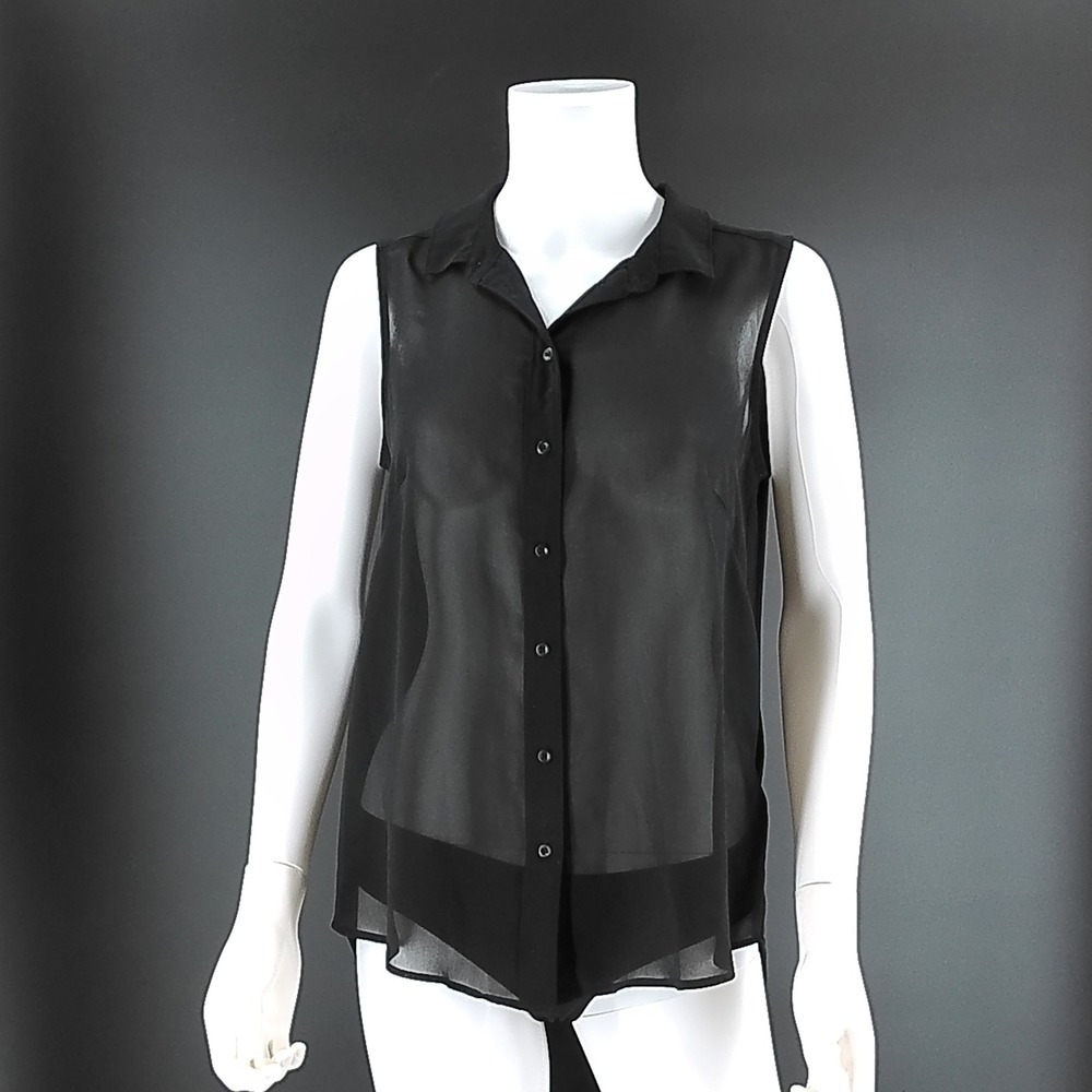 HM Womens Black Sheer Chiffon Sleeveless Button Down High Low Blouse Size 6